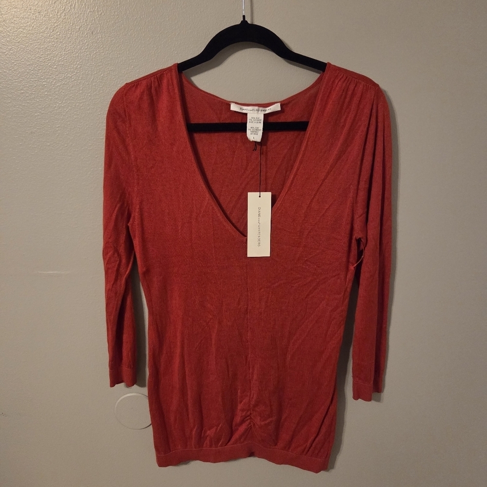 Diane Von Furstenberg Womens Red Silk Cashmere Sweater. Sz L Quiet Luxury